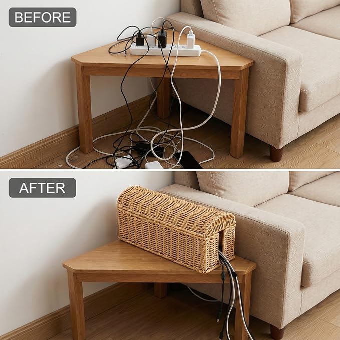 Large Rattan Cable Management Box, Decorative WiFi Router & Modem Hider | Ventilated, Waterproof, Easy Clean, No Assembly, Decorative Cable Organizer