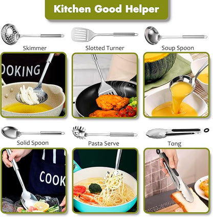 Stainless Steel Kitchen Utensils Set - 12pcs Cooking Utensils Set with Holder, Heat Resistant Kitchen Tool Set for Cooking with Turners, Potato Masher, Spatula, Spoons, Tongs, Whisk