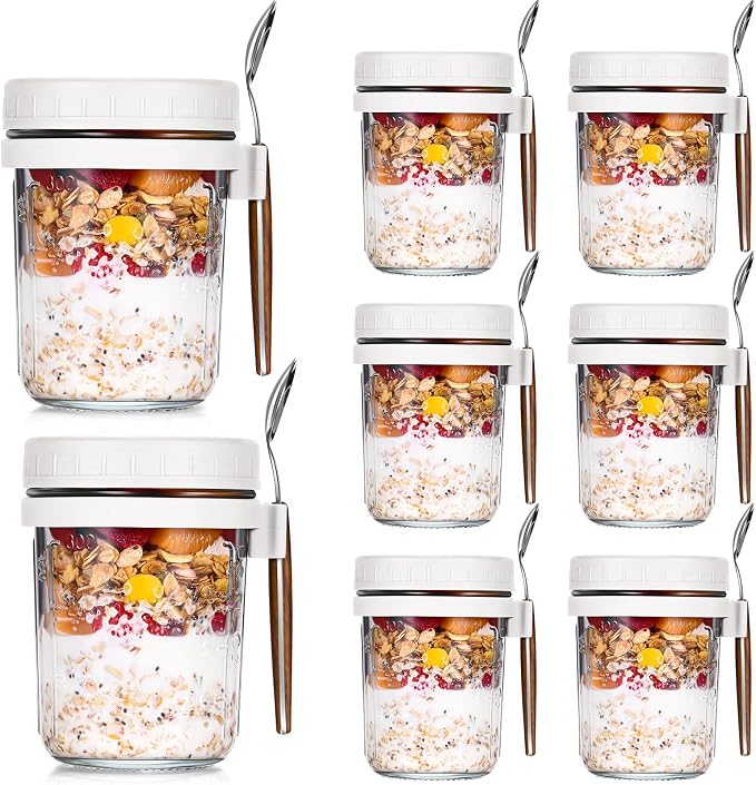 Patelai 8 Pcs 12 oz Overnight Oats Containers with Lids and Spoons Large Capacity Airtight Oatmeal Overnight Oat Jars with Measurement Marks Oatmeal Container for Milk Cereal Fruit (White)