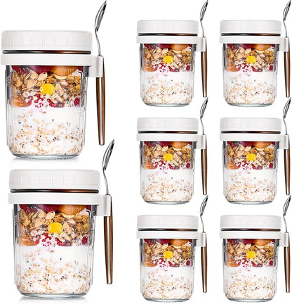 Patelai 8 Pcs 12 oz Overnight Oats Containers with Lids and Spoons Large Capacity Airtight Oatmeal Overnight Oat Jars with Measurement Marks Oatmeal Container for Milk Cereal Fruit (White)