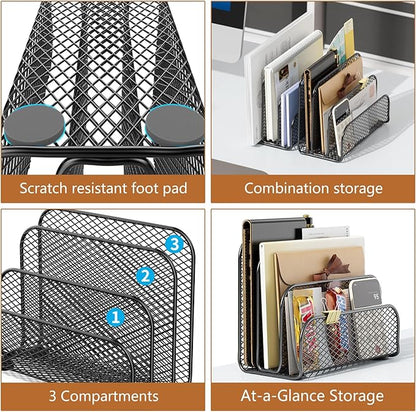 gianotter Mail Organizer Countertop, Book Shelf,Metal File Holder with 3-Slot, Book Shelf, Bill Organizer for Office Receipts and Letter Paper Storage (Black)