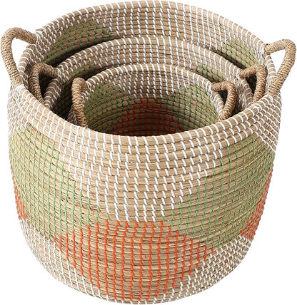 Laundry Basket, 3 Pack Seagrass Baskets, Handwoven Woven Laundry Hamper with Handles, 56L, 28L, 15L for Decor Storage of Dirty Clothes,Toys and Blankets in Bathroom, Nursery, Living Room