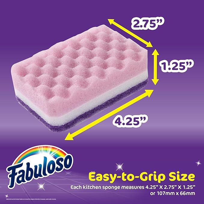 Fabuloso Scratch-Free Kitchen Dish Sponges Purple Cellulose Scrubber Sponge with Scouring Pad Dishes Pots Pans Counters and Sinks Tough on Messes 4.25 x 2.75 x 1.25 in 4 Count Single Pack Value