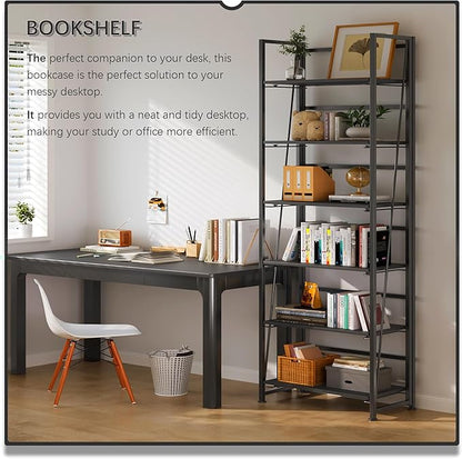 4NM No Assembly Folding Bookshelf, 6-Shelf 74" H Collapsible Foldable Bookcase Storage for Small Spaces, All Black