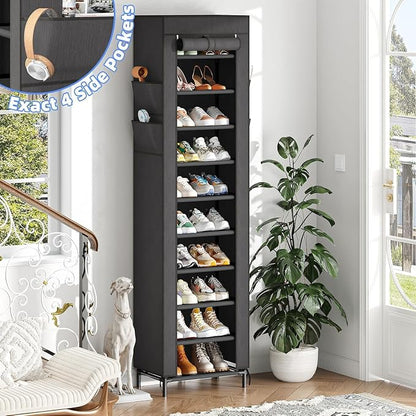 Simple Trending Narrow Shoe Rack with Cover, 10 Tier Shoe Organizer Storage, Tall Free Standing Shoe Cabinet Holds 20 Pairs for Closet, Black