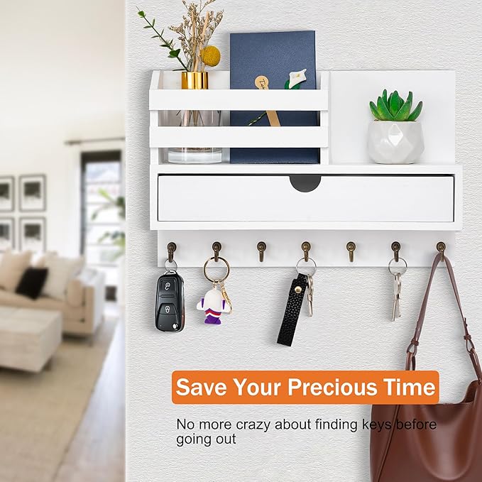 Key and Mail Holder for Wall, Mail Organizer Wall Mount with 6 Hooks and Storage Drawer, Wooden Key Rack Hanger with Shelf for Entryway and Home Decor