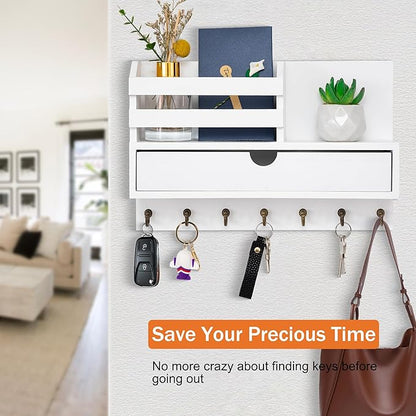 Key and Mail Holder for Wall, Mail Organizer Wall Mount with 6 Hooks and Storage Drawer, Wooden Key Rack Hanger with Shelf for Entryway and Home Decor