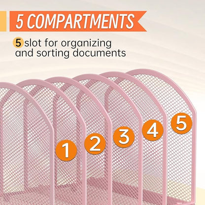 Desk File Organizer 5 Sections Desktop Organizer File Sorter Office Organization File Folder Holder for Office School & Classroom (Pink, 5 Section - 1Pack)