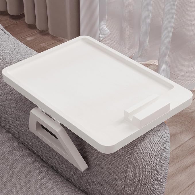 Couch Arm Tray with 360°Phone,Bamboo Folding Sofa Tray,Sofa Armrest Trays Clip-On Couch Desk for Drinks,Snacks,Phone,Remote Control（White）