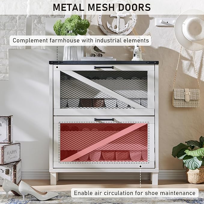 JXQTLINGMU Shoe Cabinet with 2 Flip Drawers, Farmhouse Shoe Storage Cabinet with Mesh Doors and Adjustable Shelves, Rustic Wooden Shoe Organizer, Small Shoe Cabinet Storage for Entryway, White