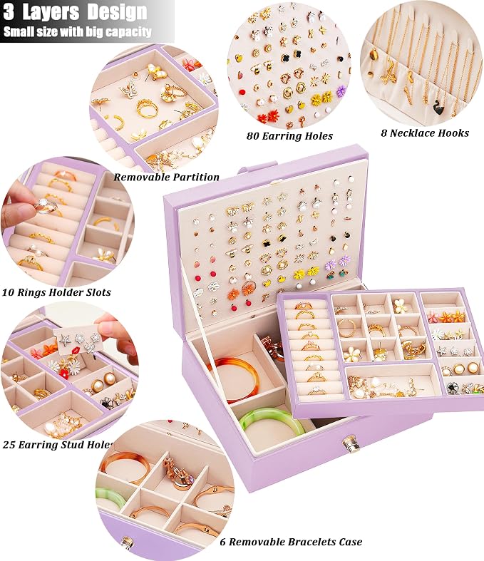 QBestry Girls Jewelry Box Earring Holder Organizer for Girls, Purple