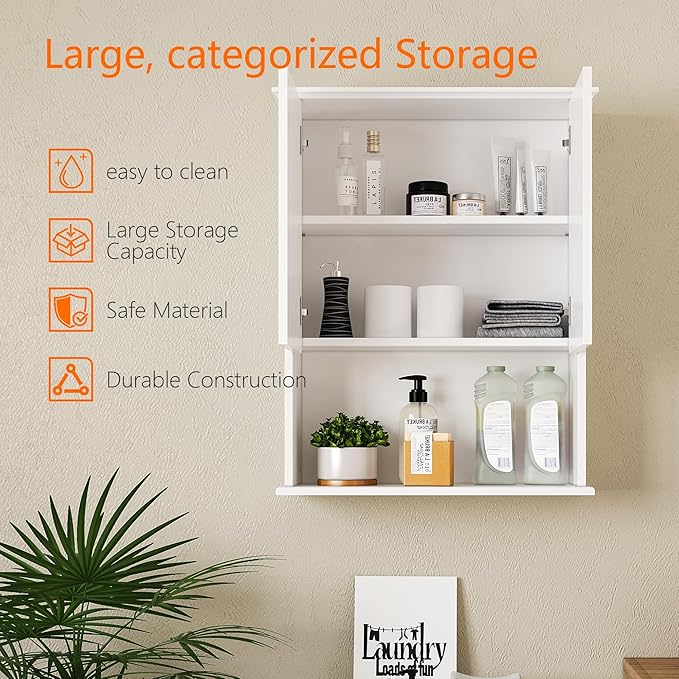 Bathroom Wall Cabinet, Over The Toilet Storage Cabinet, 23x29 Inch Medicine Cabinet with 2 Door & Adjustable Shelves, Bathroom Cabinet Wall Mounted for Laundry Room, Kitchen, Small Spaces