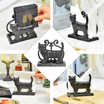 Sungmor Vintage Cast Iron Napkin Holder, Rustic Farmhouse Napkins Holder, Freestanding Table Napkins Stand, Lovely Cat Statue Decor Paper Napkin Rack, Home Restaurant Dining Table Square Napkin Holder