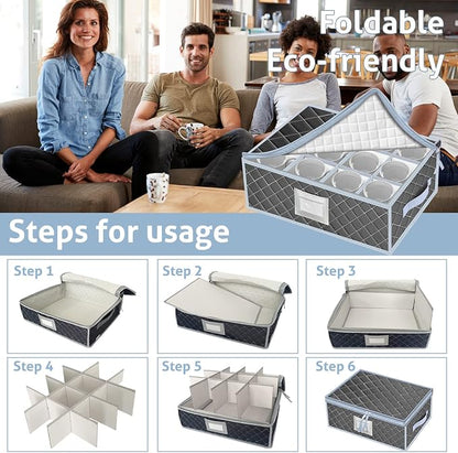Mug and Cup Storage Box with Dividers - 2 Pack China Storage Bin Containers Holds 24 Glassware, Stackable Coffee Mug Organizer Bin and Tea Cup with 2 Metal Zipper,Label and Handles (Grey)