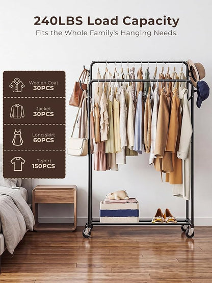 Clothes Rack, Rolling Clothing Rack with Double Rods for Hanging Clothes, Portable Garment Rack with Wheels, Metal Wardrobe Closet Organizer for Bedroom and Laundry Room