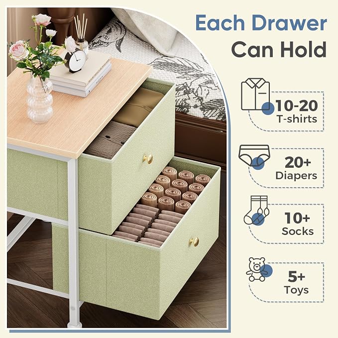 DUMOS Nightstand Small Dresser with 2 Fabric Drawers Side Tables Bedroom End Table Kids Bedside Storage Furniture for 20 inch Tall Night Stand for Closet, Entryway, College Dorm, Light Green