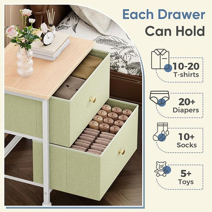 DUMOS Nightstand Small Dresser with 2 Fabric Drawers Side Tables Bedroom End Table Kids Bedside Storage Furniture for 20 inch Tall Night Stand for Closet, Entryway, College Dorm, Light Green