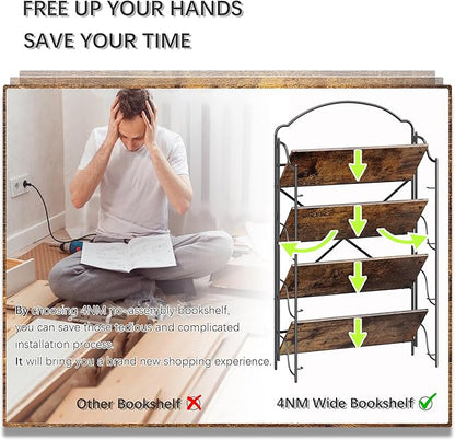 4NM No Assembly Extra Wide Folding Bookshelf for Living Room, 4 Tiers Collapsible Book Shelves Open Industrial Foldable Bookcase Storage Shelf for Home Office - Rustic Brown Black