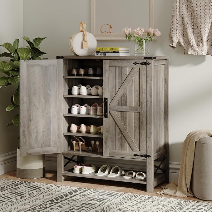 Maupvit 6-Tier Shoe Cabinet with Doors, Farmhouse Shoe Storage Cabinet with Adjustable Shelves, Shoe Shelf, Wooden Shoe Rack Organizer Cabinet for Entryway, Foyer, Hallway, Living Room, Grey