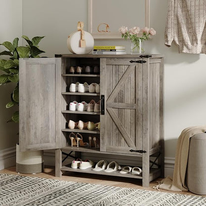 Maupvit 6-Tier Shoe Cabinet with Doors, Farmhouse Shoe Storage Cabinet with Adjustable Shelves, Shoe Shelf, Wooden Shoe Rack Organizer Cabinet for Entryway, Foyer, Hallway, Living Room, Grey