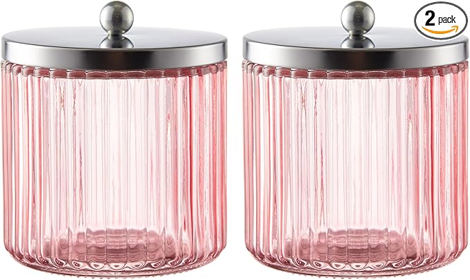 KMwares 2-Pack Pink Glass Bathroom Canister Set with Silver Metal Lids – Stylish, Airtight Storage for Cotton Balls, Swabs, Pads, and Floss Picks
