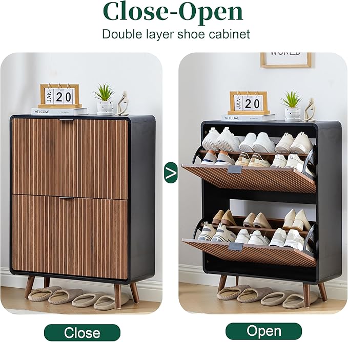 Fluted Shoe Cabinet Storage for Entryway,Slim Shoe Cabinet with 2 Flip Drawers, Narrow Shoes Rack Organizer (All Walnut, 2 Drawers)