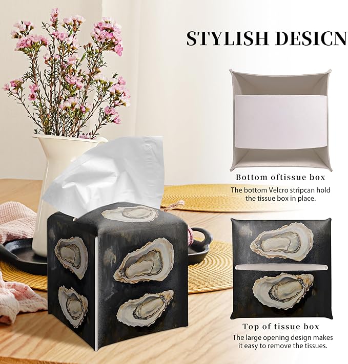 Grace Yonks Modern Tissue Box Cover Square - Painted Oyster Trio Design 5.2" PU Leather Holder for Vanity, Desk, or Bathroom Counter - Cube Case for Facial Tissues. (113)
