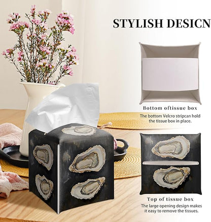 Grace Yonks Modern Tissue Box Cover Square - Painted Oyster Trio Design 5.2" PU Leather Holder for Vanity, Desk, or Bathroom Counter - Cube Case for Facial Tissues. (113)