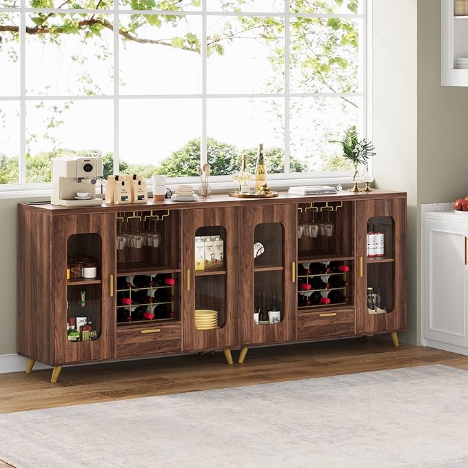 Bar Cabinet with Power Outlets, Modern Coffee Bar Sideboard with LED Light, Farmhouse Liquor Cabinet with Wine Rack, Glass Holder & Wine Storage, Walnut