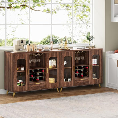 Bar Cabinet with Power Outlets, Modern Coffee Bar Sideboard with LED Light, Farmhouse Liquor Cabinet with Wine Rack, Glass Holder & Wine Storage, Walnut