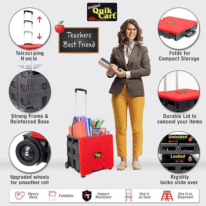 dbest products Quik Cart Collapsible Rolling Crate on Wheels for Teachers Tote Basket 80 lbs Capacity, Made from Heavy Duty Plastic and used as a Seat, Standard, Red