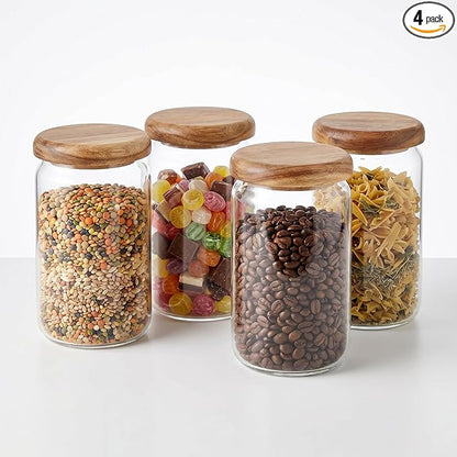 4-Pack 23 oz Glass Jars with Wooden Lids, Spice Jars | Wide mouth for scooping. Solid acacia wood lids & spoons (no plastic). Airtight seal. For coffee, oats, spices, dry goods.