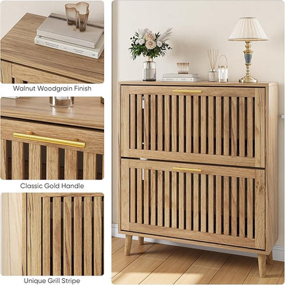 Shoe Storage Cabinet with 2 Flip Slatted Drawers, Narrow Freestanding Shoe Cabinet with Gold Handle, Hidden Entryway Shoe Organizer for Hallway, Foyer, Natural Oak