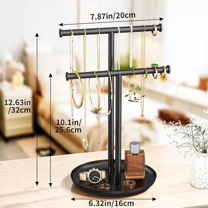 Necklace Rack Stand with Storage Tray - 2 Rods T-Shaped Jewelry Holder Stand for Bracelets, Earrings, Rings | Elegant Vanity & Dresser Top Storage for Women, Black.
