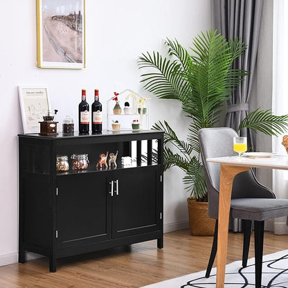 Giantex Kitchen Buffet Sideboard, Wooden Storage Server Cupboard Cabinet, Dining Room Living Room Bar Furniture 2-Door Console Table w/ 5-Position Adjustable Shelf & Open Shelf Drawer Cabinets (Black)
