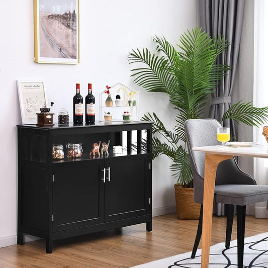 Giantex Kitchen Buffet Sideboard, Wooden Storage Server Cupboard Cabinet, Dining Room Living Room Bar Furniture 2-Door Console Table w/ 5-Position Adjustable Shelf & Open Shelf Drawer Cabinets (Black)