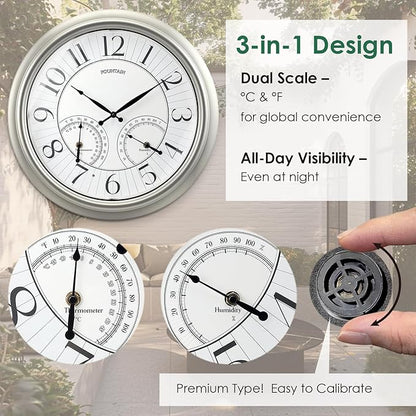 18" Illuminated in/Outdoor Clock with Smart Sensor and Night Light, Waterproof, Large Wall Clock with Thermometer & Hygrometer, for Garden,Pool and Patio Decor (Morning Silver)