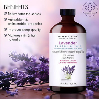 Majestic Pure Essential Oil with Glass Dropper - 100% Pure and Natural - Essential Oils for Diffuser, Aromatherapy, Soap and Candle Making, Lavender Essential Oil, Lavender Oil, 3.4 Fl Oz