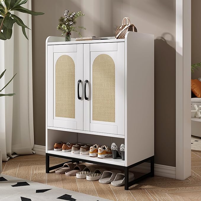 Shoe Cabinet Storage for Entryway, Wooden Shoe Cabinet with 2 Rattan Doors and Adjustable Shelves, Tall Shoe Rack Cabinet for Hallway, Living Room, Modern (White)