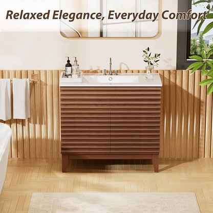 APRILSOUL 36" Bathroom Vanity with Ceramic Sink, Mid-Century Bathroom Vanity Cabinet with 2 Soft Closing Doors, Freestanding Bathroom Cabinet, Particleboard Frame with Wood Grain Laminate, Walnut