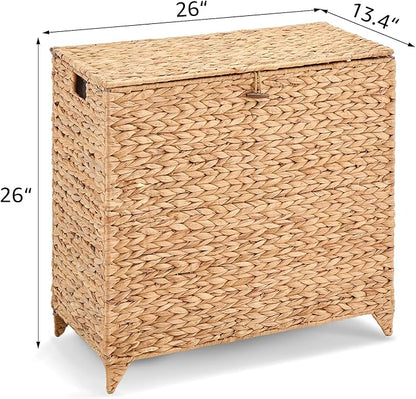 Large Laundry Hamper with Lid, Handwoven Natural Water Hyacinth Heightened Feet Laundry Basket, 2-Sections Wicker Clothes Hamper with Removable Liner Bag (Natural, 120L)