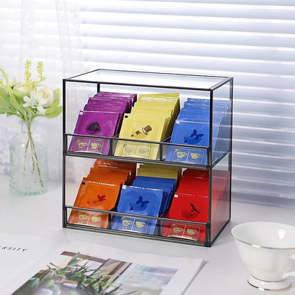 REDHUGO Glass Tea Bag Organizer for Counter, 2-Tier Teabag Organizer Storage Holder for Tea Bags, Glass Caddy Box Containers, Rack Teabag Station Stand for Cabinet Kitchen, 2-Tier, Black
