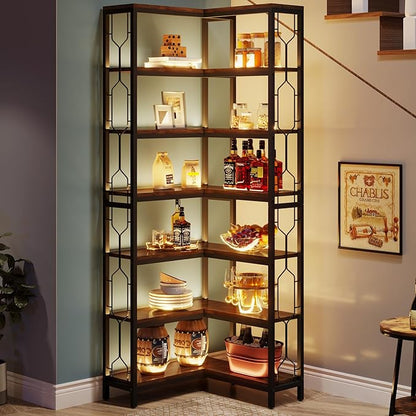 Tribesigns Corner Shelf, 7-Tier Industrial Corner Bookshelf, Wood and Metal Etagere Bookcase, Freestanding Display Shelf for Living Room, Kitchen, Home Office, Rustic Brown | Corner Bookshelf, Etagere Bookcase, Display Shelf, Living Room, Kitchen, Home...