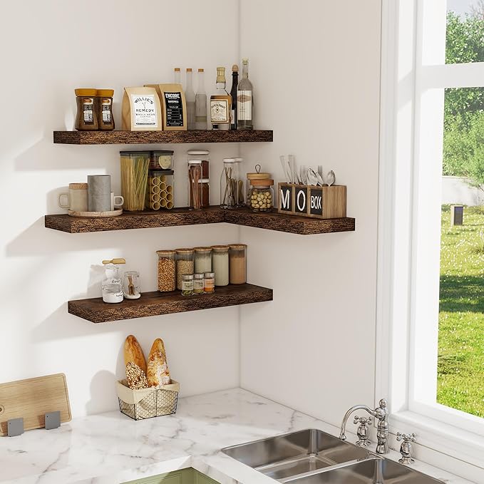 Floating Shelves for Wall, 24 Inch Floating Shelves Set of 2, Wall Mounted Rustic Wood Shelf for Bathroom, Living Room, Bedroom and Kitchen, Hanging Shelf for Storage, Books, Home Decor, Rustic Brown