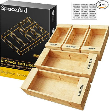 SpaceAid Bag Storage Organizer for Kitchen Drawer, Bamboo Organizer, Compatible with Gallon, Quart, Sandwich and Snack Variety Size Bag (5 Pack Set)