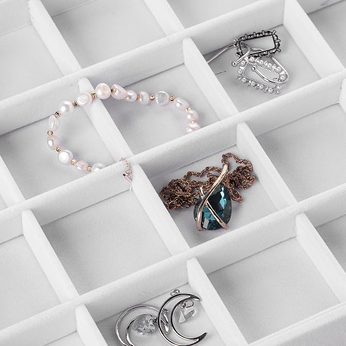Frebeauty Velvet Jewelry Tray,35 Grid Jewelry Organizer with Clear Lid,Earring Holder Organizer Case with Clasp,Drawer Insert for Rings Studs,13.8 x 9.5 x 2 Inches,Gift for Women Girls(White)