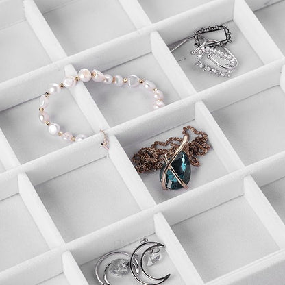 Frebeauty Velvet Jewelry Tray,35 Grid Jewelry Organizer with Clear Lid,Earring Holder Organizer Case with Clasp,Drawer Insert for Rings Studs,13.8 x 9.5 x 2 Inches,Gift for Women Girls(White)