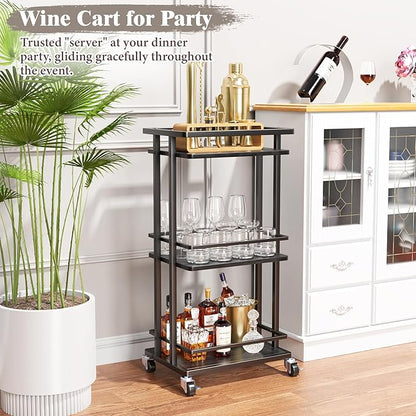 3 Tier Bar Cart for Home, Rolling Mini Liquor Bar for Wine Beverage Dinner Party, Utility Kitchen Storage Island Serving Cart on Wheels, Coffee Bar Cabinet for Kitchen Dining Living Room, Black