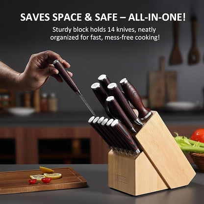 PAUDIN Kitchen Knife Set with Block, 14 Pieces Knife Sets for Kitchen with Block, High Carbon German Stainless Steel Sharp Chef Knife Set with Ergonomic Pakkawood Handle