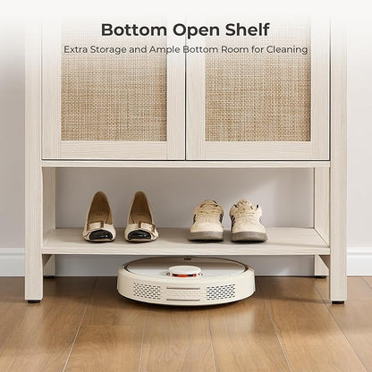 SICOTAS Rattan Shoe Cabinet with Storage - 5 Tier Farmhouse Boho Shoe Organizer Storage Cabinet with Shelves & Doors, Tall Shoe Rack Cabinet for Entryway, Living Room, Closet (White Cream Oak)